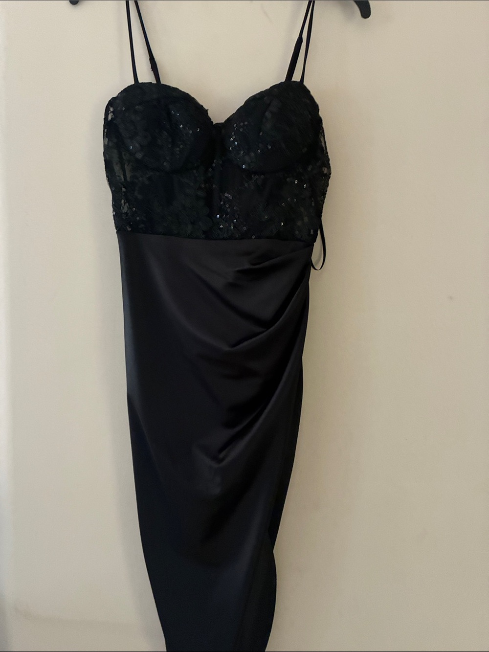 Black Sequin Bustier Satin Dress - Women's Evening Dress